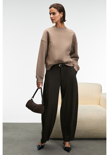 Grımelange Serenya Kadın Pamuklu Etiket Detaylı Bisiklet Yaka Vizon Sweatshirt Vizon