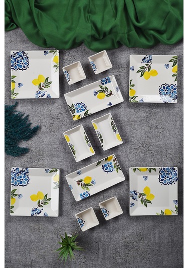 Piatti Naturali 12 Parça 4 Kişilik Limon Kahvaltı Takımı Handmade Sunum Set Çok Renkli