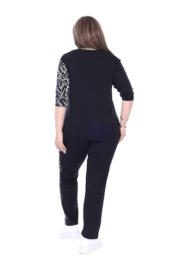 Melsay Butik Siyah Truvakar Kol Yarım Zigzag Garnili Viskon Büyük Beden Takım Siyah