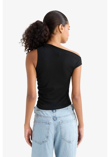 Defacto Slim Fit Dar Kesim Tek Omuzlu Ribana Siyah Bluz F2453ax25smbk81 Siyah