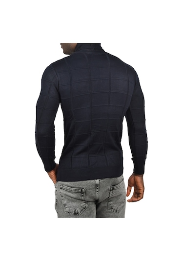 Deepsea Erkek Lacivert Kare Desenli Balıkçı Yaka Slim Fit Boğazlı Triko Kazak 2505493 Lacivert