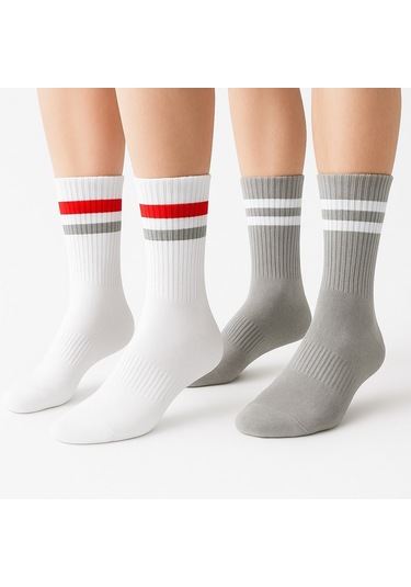 Erkek Spor Çorap 2 Li Set Pamuklu, Nefes Alan, Esnek Çizgili Model Gri Beyaz