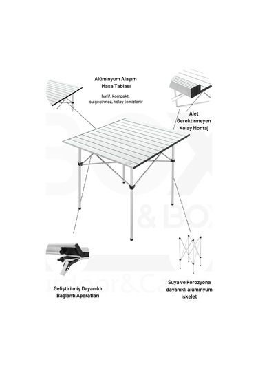 Box&box Alüminyum, Katlanabilir Kamp Ve Piknik Masası, Omuz Askılı Taşıma Çantasıyla Xl, Gri Gri