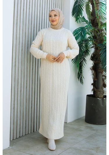 Brc2440ekru-bisiklet Yaka Örme Triko Elbise Ekru