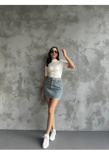 Kadın Kemer Detaylı Kot Mini Etek-mavi Mavi