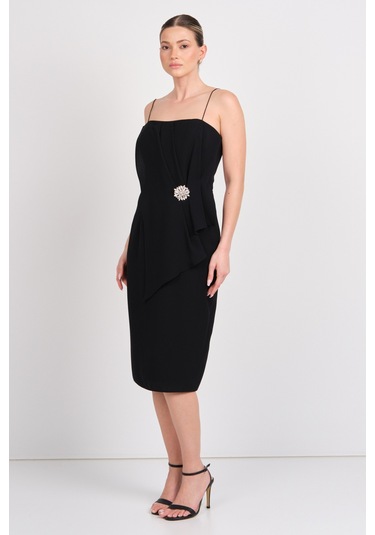 Explosion Kadın İp Asklı Beli Tokalı Midi Abiye Elbise 7818 Siyah Siyah