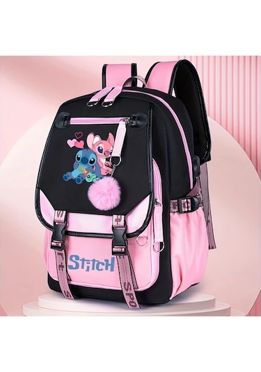 Honeybeeshop Disney Stitch Siyah 2 Büyük Kapasiteli Sırt Çantası Pembe Ve Siyah Tasarım Stitch Lilo İllüstrasyonlu Hafif Polyester Seyahat Çantası Siyah 2