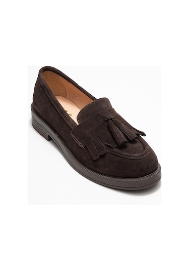 Milina Kahverengi Süet Püsküllü Hakiki Deri Kadın Loafer Ayakkabı Kahve Süet