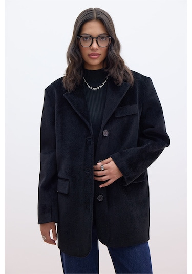 Kemerli Kaşe Ceket Siyah Siyah