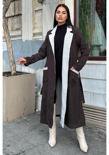 Kahverengi Çift Taraflı Kruvaze Yaka, Kuşaklı, Yumoş Dokulu, Duble Kaşe Uzun Ceket Kahve Kahverengi Çift Taraflı Kruvaze Yaka, Kuşaklı, Yumoş Dokulu, Duble Kaşe Uzun Ceket Kahve