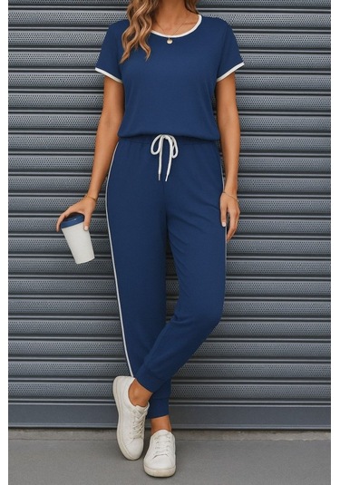 Supplierby Kadın Kısa Kollu Kayık Yaka Viskon Iki Iplik Bluz Ve Bağcıklı Pantolon Ikili Takım Lacivert