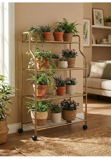 Modern Gold 4 Katlı Tekerlekli Metal Çiçeklik Standı: Çok Amaçlı Mutfak,kitaplık&dekoratif Lüks Stand