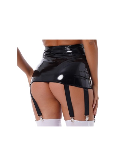 Siyah Artı Boyutu Kadın Yüksek Bel Mini Etek Lateks Jartiyer 6 Askılı Metal Klip Tutucu Askı Kemer Siyah