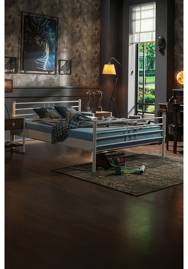 Manyas Çift Kişilik Ferforje Metal Karyola-beyaz Ahşap Latalı