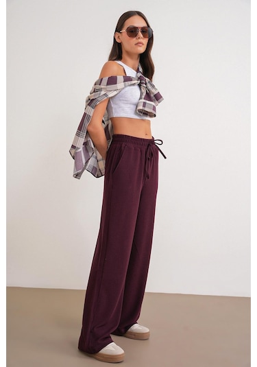4757 Kadın Lastikli Bol Paça Örme Dökümlü Selanik Pantalon Mürdüm Mürdüm