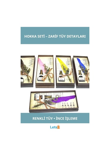 Renkli Tüy İşlemeli Divit Hokka Kalem Seti Çok Renkli