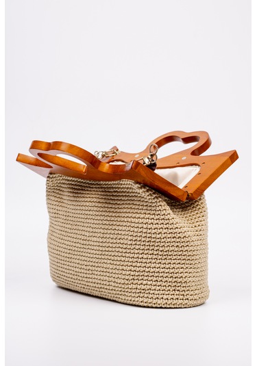 Fabric Craft Bag El Çantası Örgü Floş İplik Ahşap Saplı Açık Bej