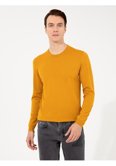 Cacharel Sarı Slim Fit Bisiklet Yaka Basic Triko Kazak