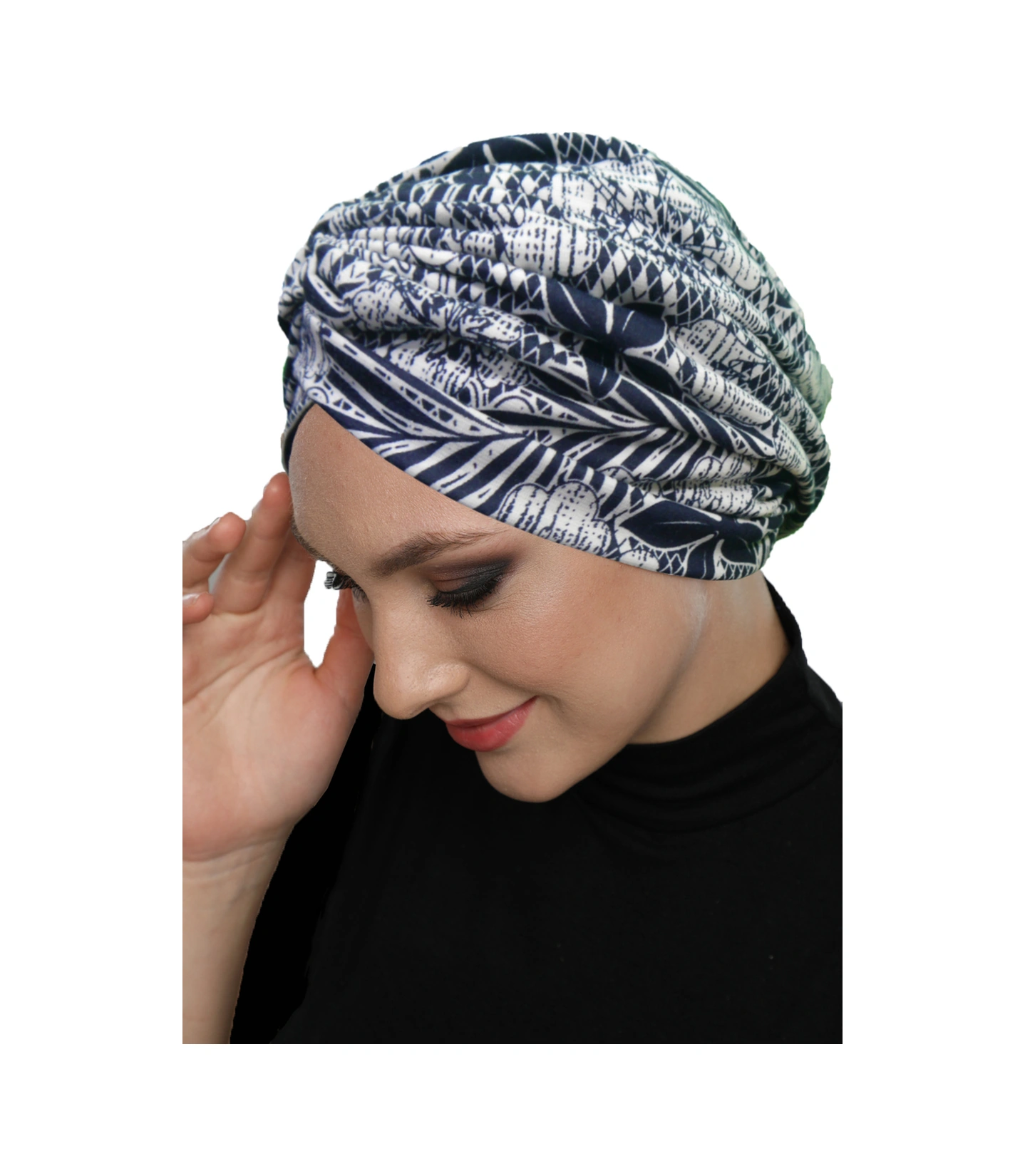 Ayışığı Çiçekleri Desenli Çapraz Ve Bant Detaylı Astarlı Hazır Türban Tesettür Havuz Bonesi Lacivert-beyaz