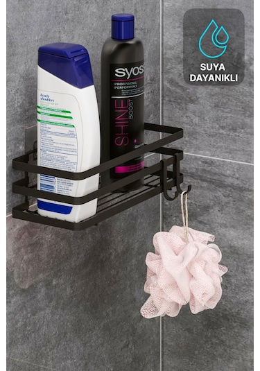 Banyo Düzenleyici Şampuanlık Sabunluk 1 Adet Lamalı Yapışkanlı 2 Askılı Duş Rafı Organizer Siyah