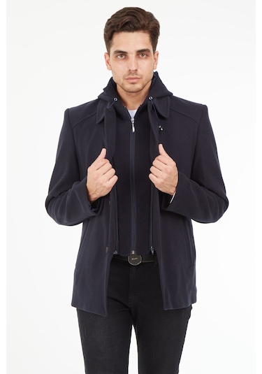 Sposo 1704 Çıkma Kapşonlu Yün Kaşe Lacivert Erkek Kaban Lacivert