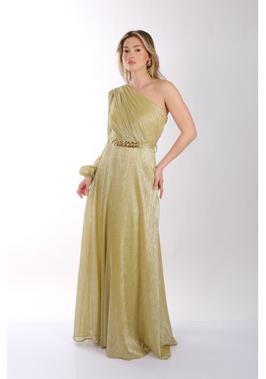 Explosion Tek Omuz Maxi Metalik Elbise - Şıklığı Ve Konforu Bir Arada Lime