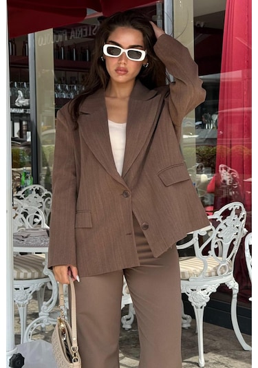 Kahverengi Keten Blazer Kadın Ceket Mg2443 Kahverengi