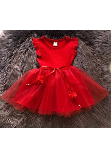 Kız Çocuk Kırmızı Pamuklu Kısa Kol Özel Gün Doğum Günü Yılbaşı Abiye Hediye Günlük Prenses Elbise Kırmızı