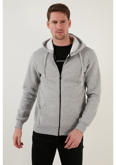 Buratti Regular Fit Kapüşonlu Fermuarlı Içi Tüylü Yumuşak Şardonlu Kışlık Erkek Sweat 5905340 Gri Melanj
