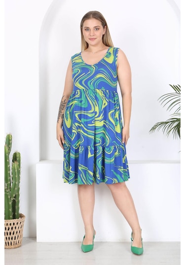 Kadın Mavi Yeşil Ebru Desen Büyük Beden Katlı Elbise Mavi