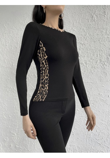 Kadın Uzun Kollu Leopar Şeritli Viskon Bluz Siyah
