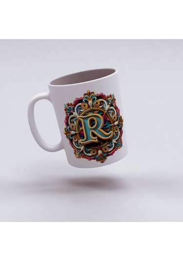 R Harfi Boho Bardak, Renkli Özel Tasarım Hediyelik Harfli Kupa, 330ml Porselen Beyaz