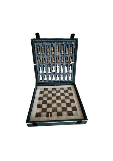 El Yapımı Fosilli Doğal Taş Satranç Takımı Premium Kalite