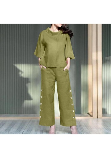 Zanzea Pamuklu Kıyafetler Bayan Bluz Ve Pantolon Yaz İki Parçalı Takım Elbise Set Yeşil