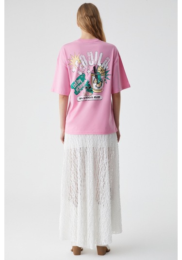 CAITLYN Kadın Oversize Bisiklet Yaka Pembe T-Shirt