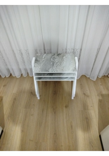 Zigon Sehpa 3'lü Mermer Desenli Tepsi Model Gri Mermer Desen Beyaz Ayak Gri Mermer