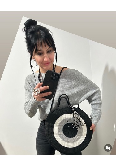 Hasır Çanta, Silindir Çanta, Tasarım Çanta, Silindir Siyah Nazar El Çantası Siyah - Gri - Bej
