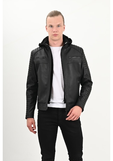 Sherwood Kapşonlu Erkek Deri Ceket Siyah