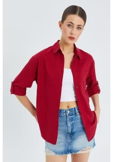 9942 Kadın Oxford Uzun Kol Basic Gömlek Bordo Bordo