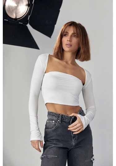 Kara Yaka Uzun Kollu Crop - Beyaz Karışık