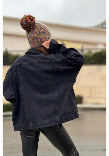 Kadın Siyah Apaş Yaka, Çift Cepli, Kaliteli Jeans Kumaş, Salaş Kot Ceket Siyah