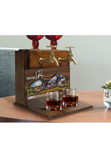 Bk Gift Kişiye Özel Kabartma Motorsiklet Tasarımlı İsimli Çift Musluklu Doğal Ahşap İçki Standı-4, İçki Standı, Doğum Günü Hediyesi, Ev Hediyesi Bitme