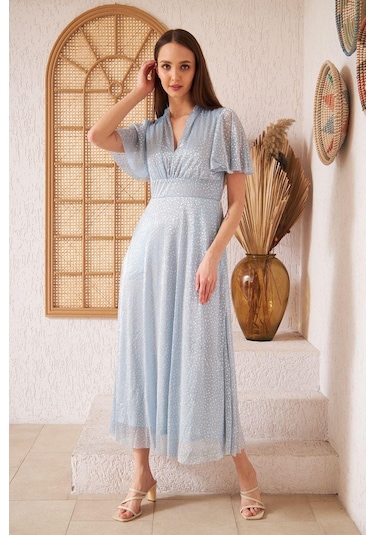 Darlin Moda Mavi Simli Tül Üzeri Gri Puantiyeli  Astarlı Abiye Elbise DM45948