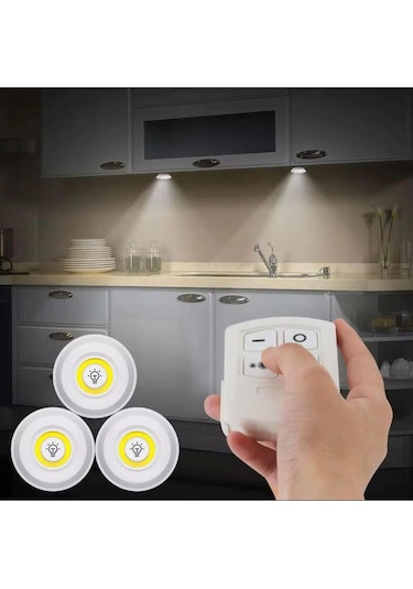 3 Lü Kumandalı Yapışkanlı Kablosuz Pilli Led Spot Lamba Işıldak