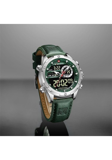 Naviforce Nf9208 Çift Ekran Kuvars Analog Lcd Dijital Erkek Saat Deri Kayış Gümüş - Yeşil