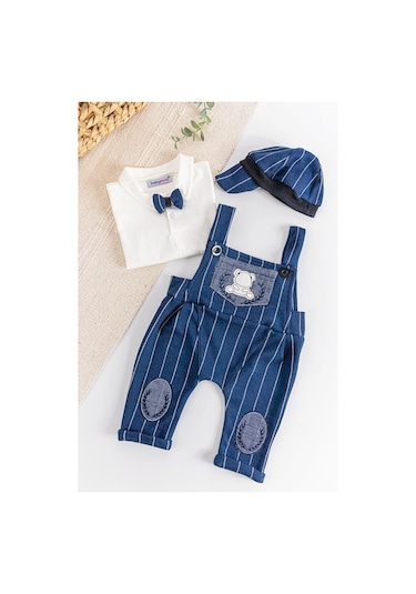 Vintage Desenli Şapkalı Erkek Bebek Tulum Salopet Takım 001