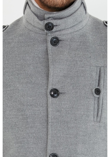 Erkek Açık Gri Dar Kesim Dik Yaka Uzun Kaşe Kaban-Açık Gri