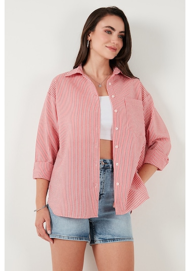 Lela Regular Fit Uzun Kollu Cepli Çizgili Bayan Gömlek 6772895 Kırmızı