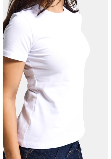 Itsbasic Kadın Beyaz S6-2 Bisiklet Yaka %100 Organik Pamuk Esnek Kumaş T-shirt