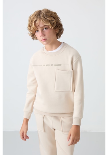 Tommy Life Bej Pamuklu Kalın İçi Tüylü Yumuşak Dokulu Standart Fit Baskılı Erkek Çocuk Eşofman Takım - 11257 Bej